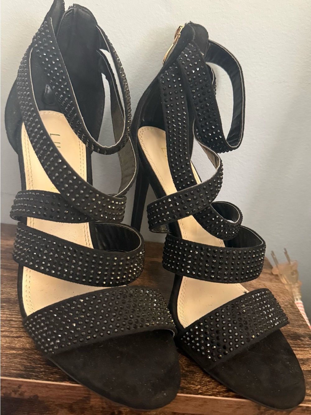 Black Strappy Crystal Stud High Heel Sandals